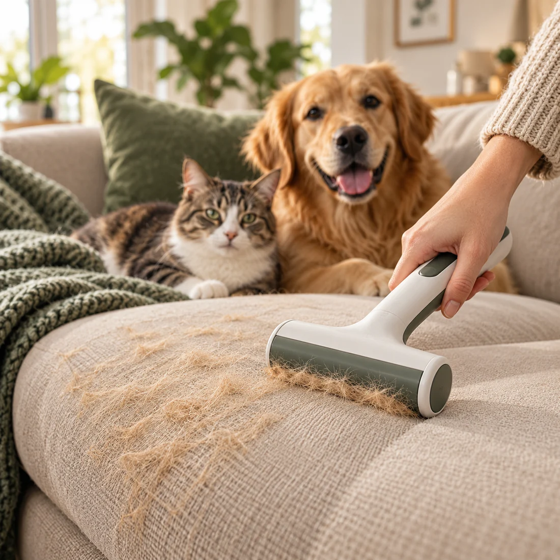 Removing pet hair from a sofa